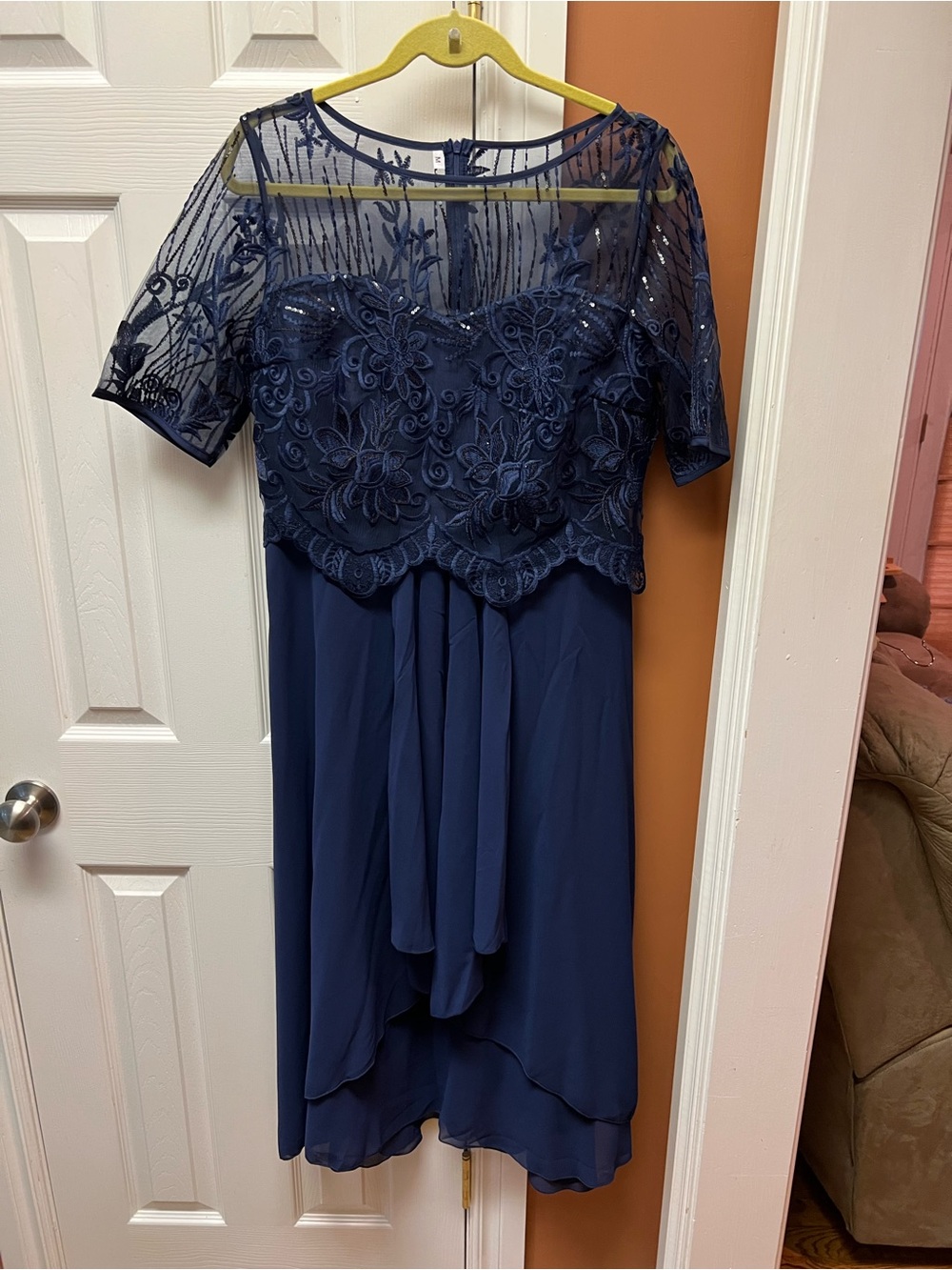 Elegant Navy Blue Lace Overlay Midi Dress